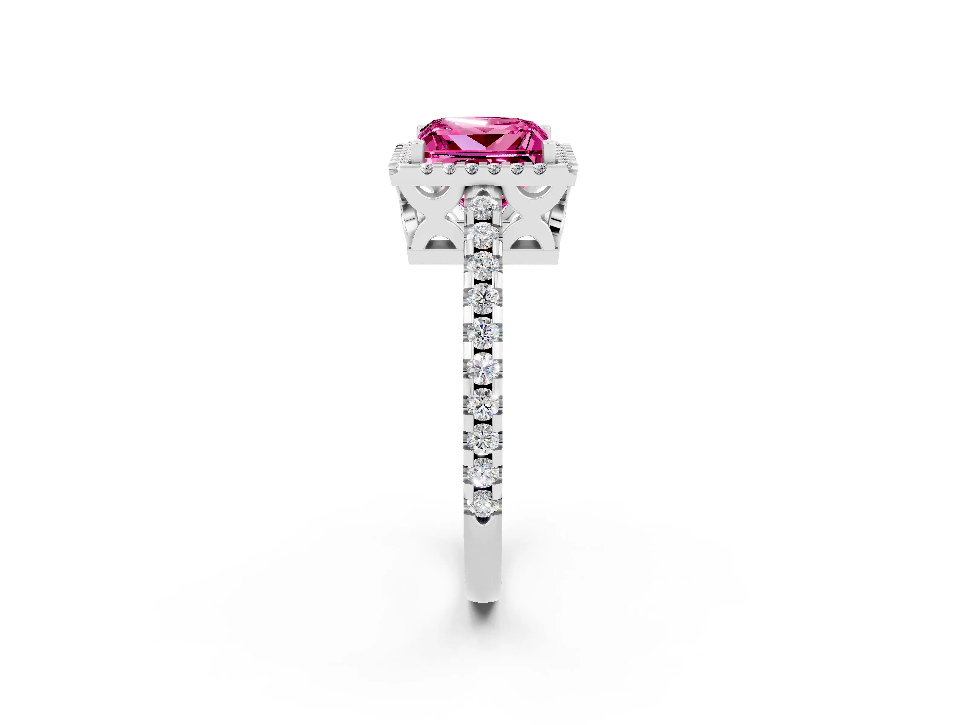 White gold Princess Cut Pink Sapphire Halo Engagement Ring with Pavé Band and Prong Setting_14
