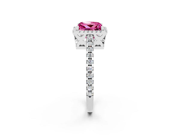 Platinum Princess Cut Pink Sapphire Halo Engagement Ring with Pavé Band and Prong Setting