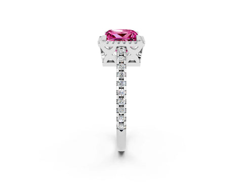 White gold Princess Cut Pink Sapphire Halo Engagement Ring with Pavé Band and Prong Setting_14