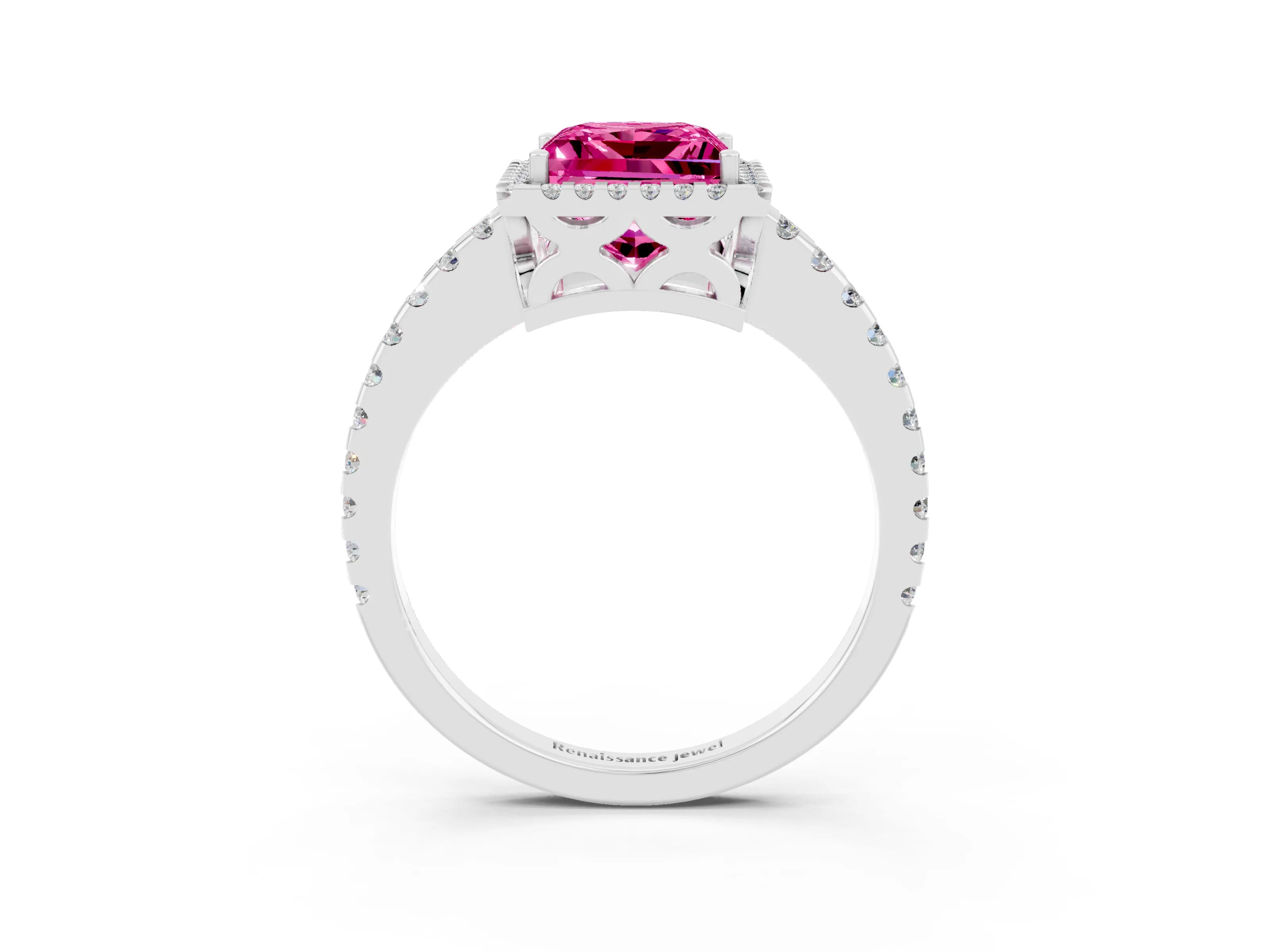 White gold Princess Cut Pink Sapphire Halo Engagement Ring with Pavé Band and Prong Setting_15