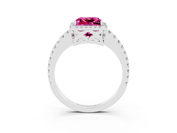 Platinum Princess Cut Pink Sapphire Halo Engagement Ring with Pavé Band and Prong Setting