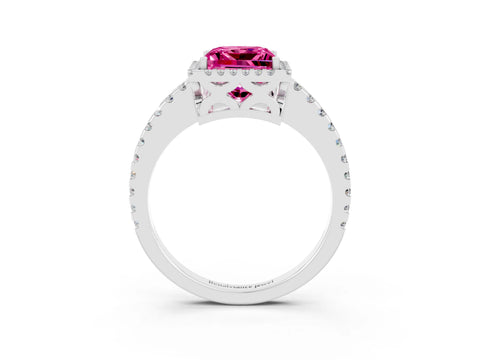 White gold Princess Cut Pink Sapphire Halo Engagement Ring with Pavé Band and Prong Setting_15