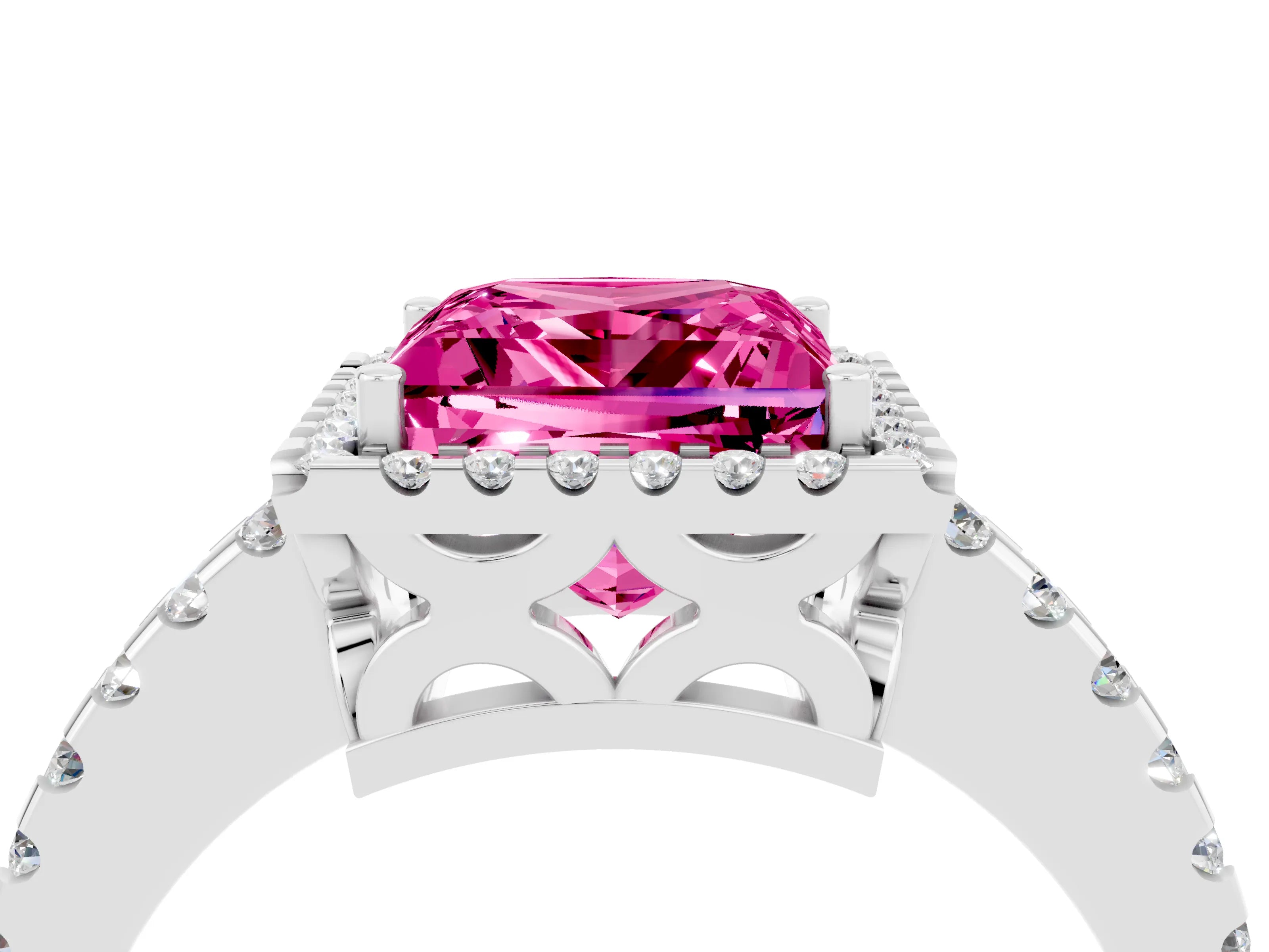 White gold Princess Cut Pink Sapphire Halo Engagement Ring with Pavé Band and Prong Setting_16