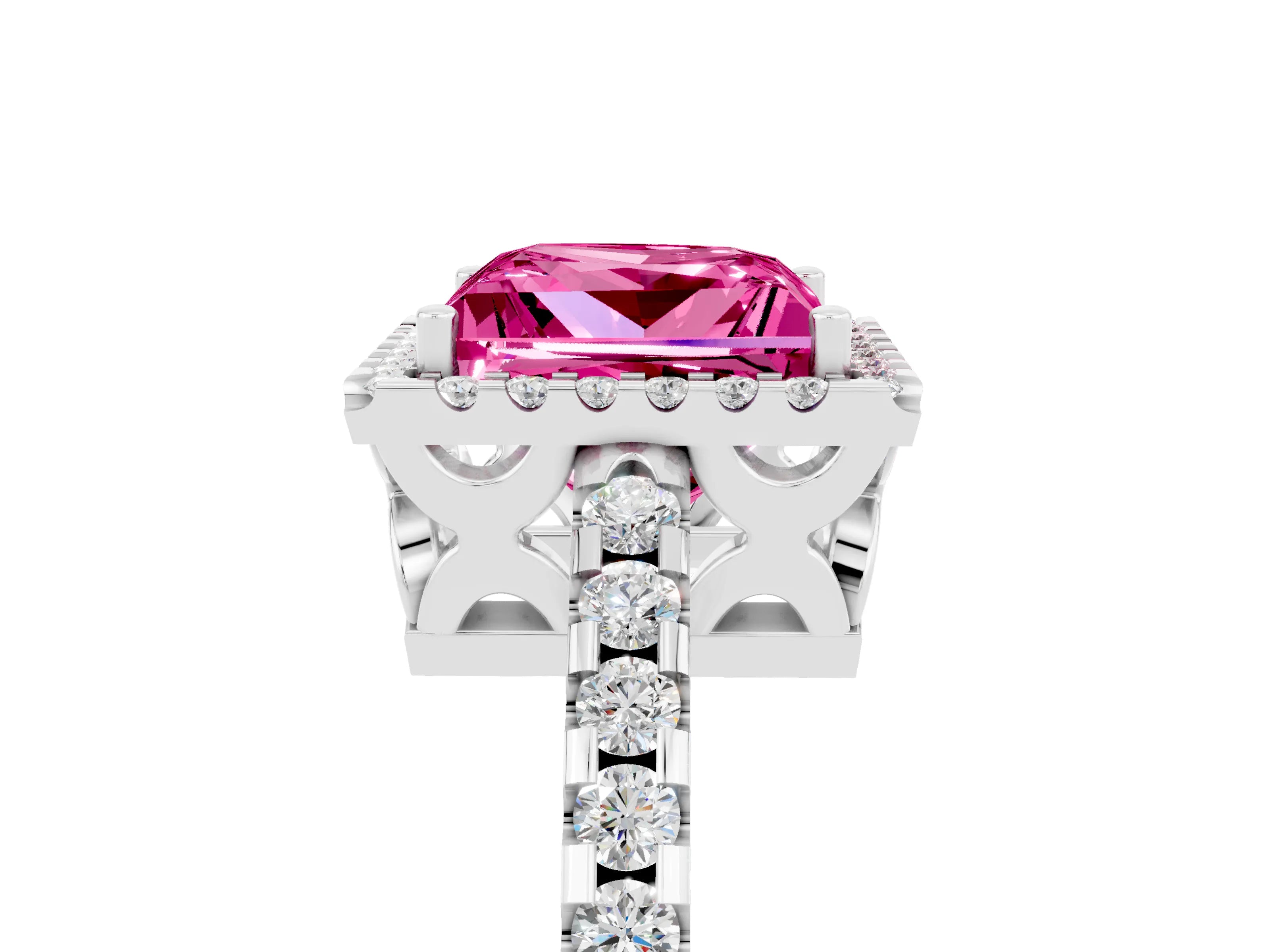 White gold Princess Cut Pink Sapphire Halo Engagement Ring with Pavé Band and Prong Setting_17
