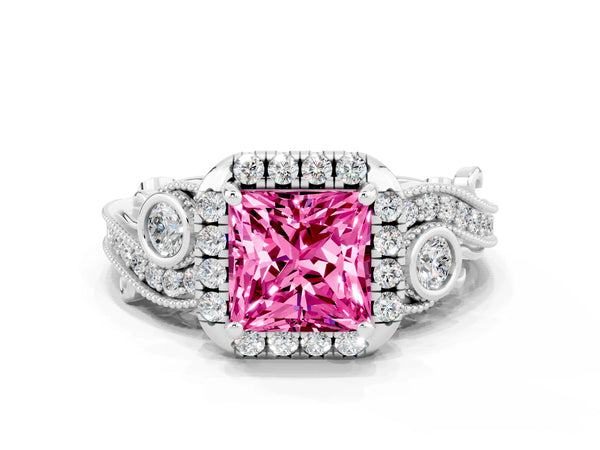 Platinum Princess Cut Pink Sapphire Halo Ring with Milgrain Pavé Band and Four-Prong Setting