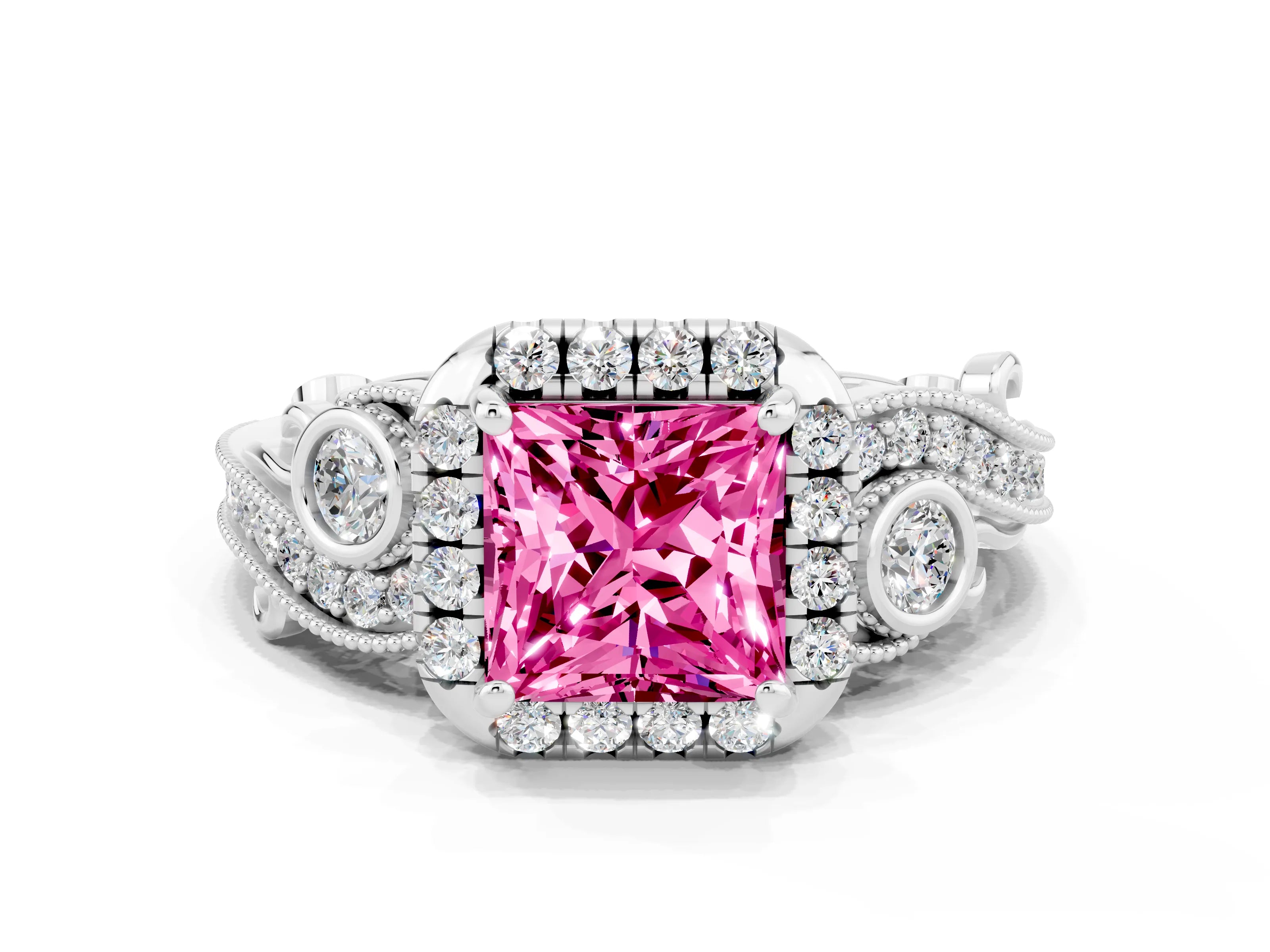 White gold Princess Cut Pink Sapphire Halo Ring with Milgrain Pavé Band and Four-Prong Setting_12