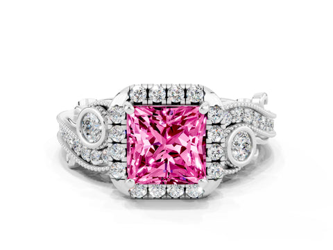 White gold Princess Cut Pink Sapphire Halo Ring with Milgrain Pavé Band and Four-Prong Setting_12