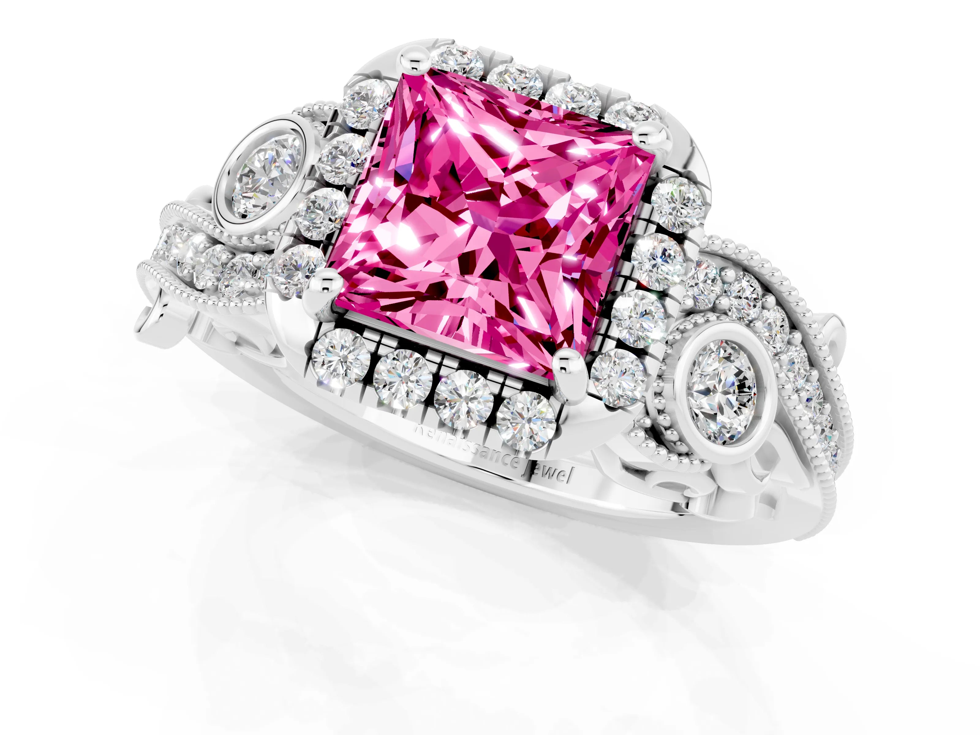 White gold Princess Cut Pink Sapphire Halo Ring with Milgrain Pavé Band and Four-Prong Setting_13