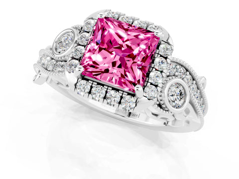 White gold Princess Cut Pink Sapphire Halo Ring with Milgrain Pavé Band and Four-Prong Setting_13