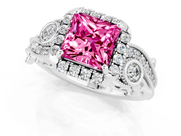 White gold Princess Cut Pink Sapphire Halo Ring with Milgrain Pavé Band and Four-Prong Setting