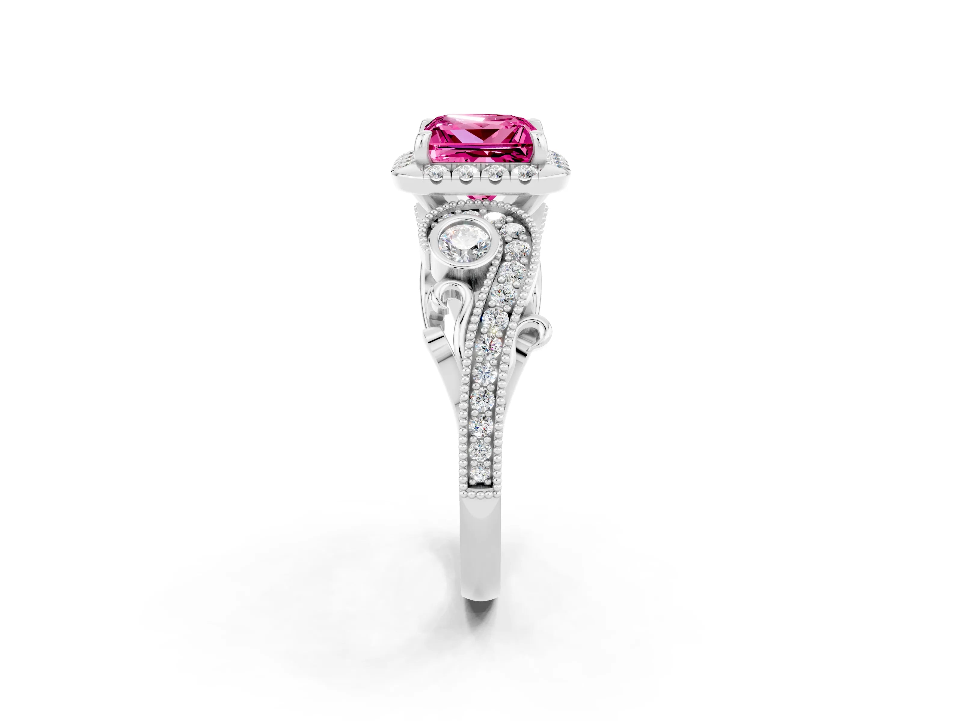 White gold Princess Cut Pink Sapphire Halo Ring with Milgrain Pavé Band and Four-Prong Setting_14