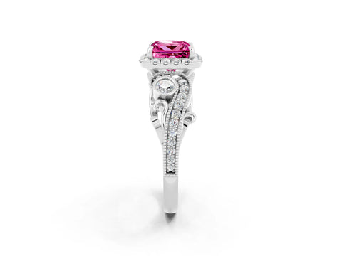 White gold Princess Cut Pink Sapphire Halo Ring with Milgrain Pavé Band and Four-Prong Setting_14