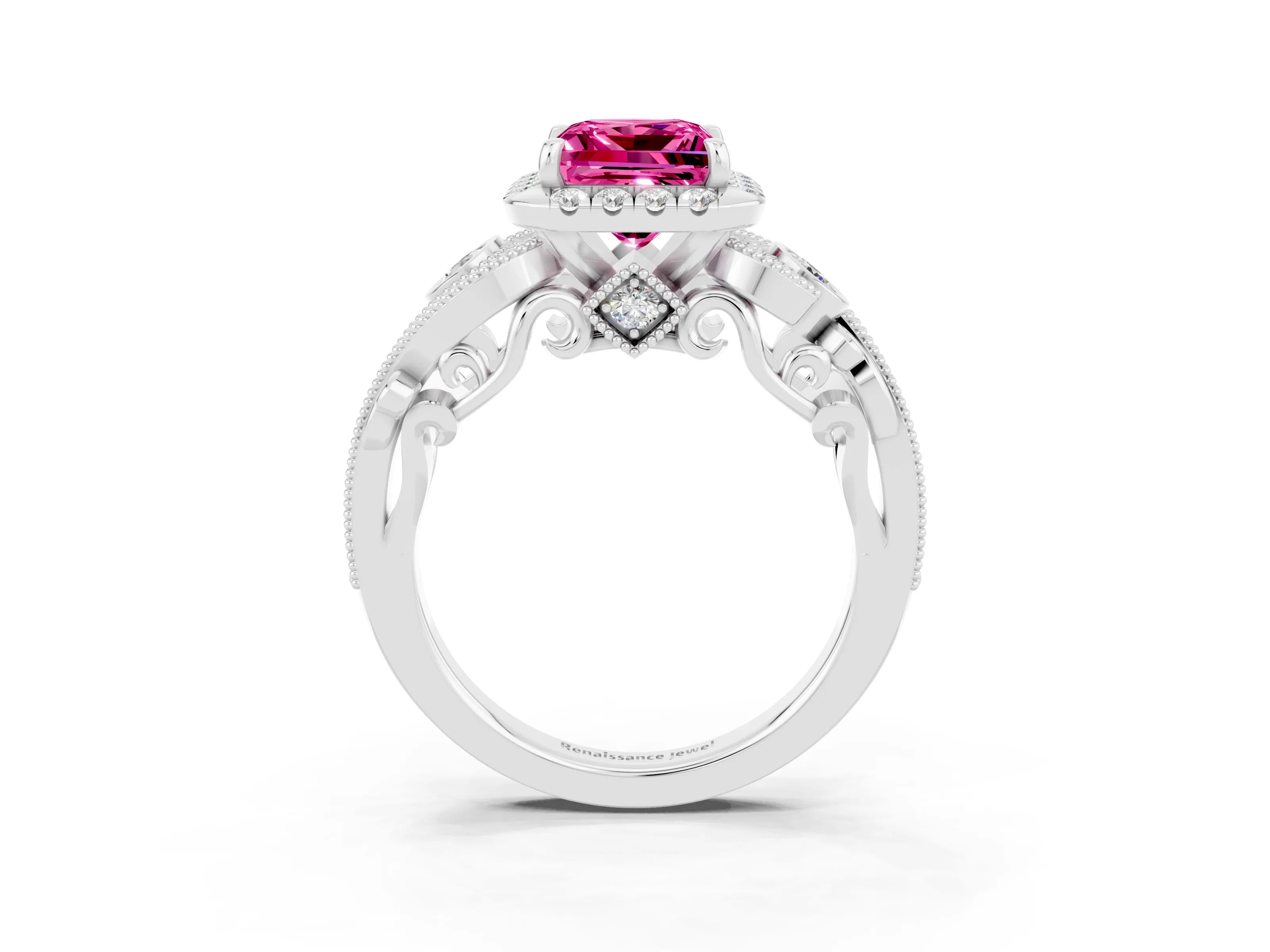 White gold Princess Cut Pink Sapphire Halo Ring with Milgrain Pavé Band and Four-Prong Setting_15