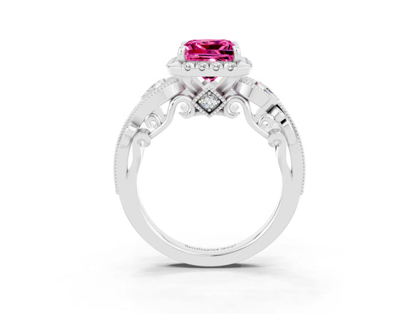 White gold Princess Cut Pink Sapphire Halo Ring with Milgrain Pavé Band and Four-Prong Setting