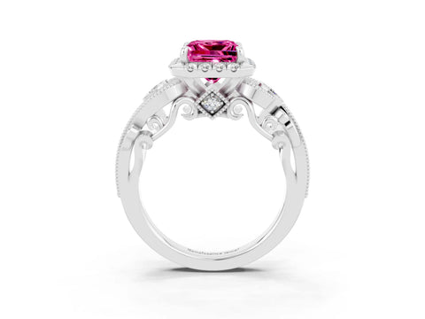 White gold Princess Cut Pink Sapphire Halo Ring with Milgrain Pavé Band and Four-Prong Setting_15