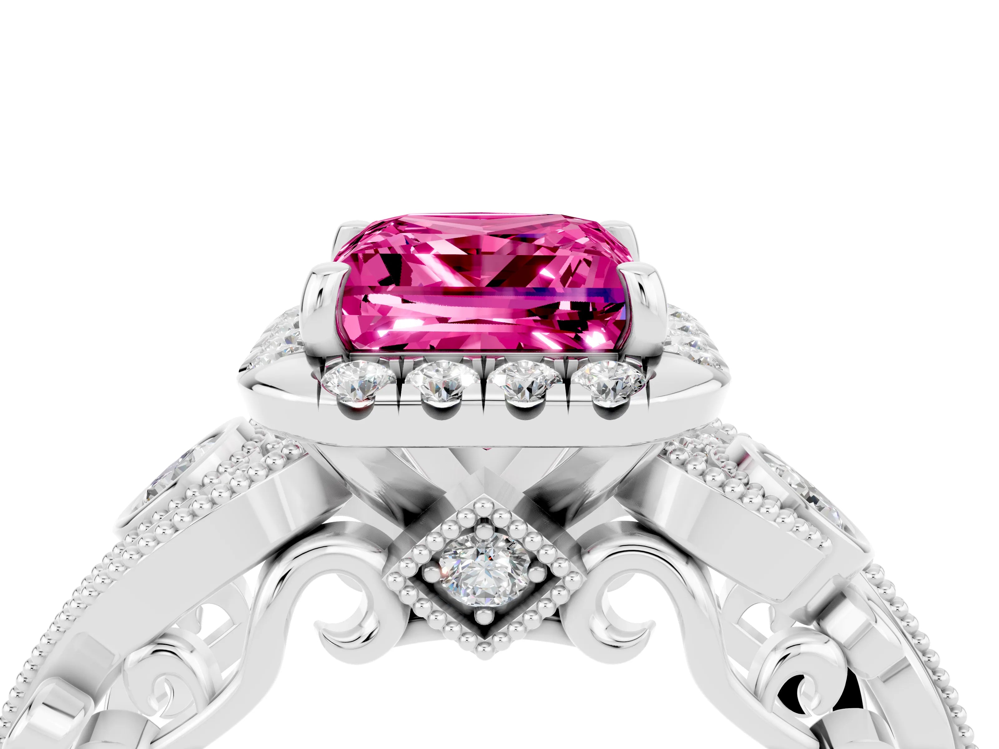 White gold Princess Cut Pink Sapphire Halo Ring with Milgrain Pavé Band and Four-Prong Setting_16