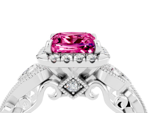 White gold Princess Cut Pink Sapphire Halo Ring with Milgrain Pavé Band and Four-Prong Setting_16