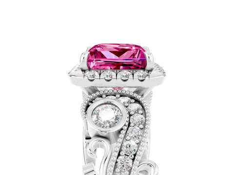 White gold Princess Cut Pink Sapphire Halo Ring with Milgrain Pavé Band and Four-Prong Setting_17