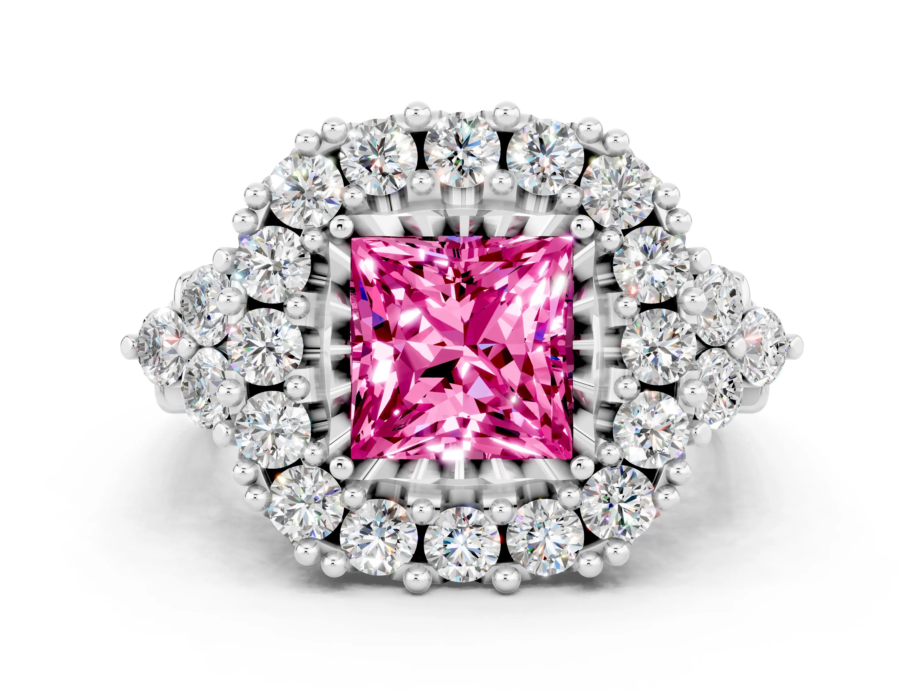 White gold Princess Cut Pink Sapphire Halo Ring with Pavé Band and Four-Prong Setting_12