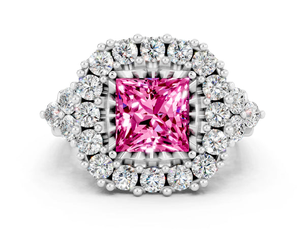 Silver Princess Cut Pink Sapphire Halo Ring with Pavé Band and Four-Prong Setting