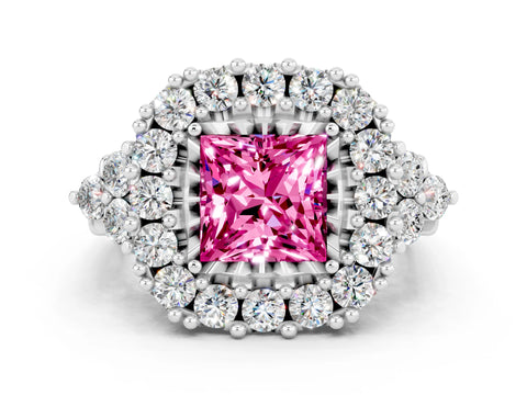 White gold Princess Cut Pink Sapphire Halo Ring with Pavé Band and Four-Prong Setting_12