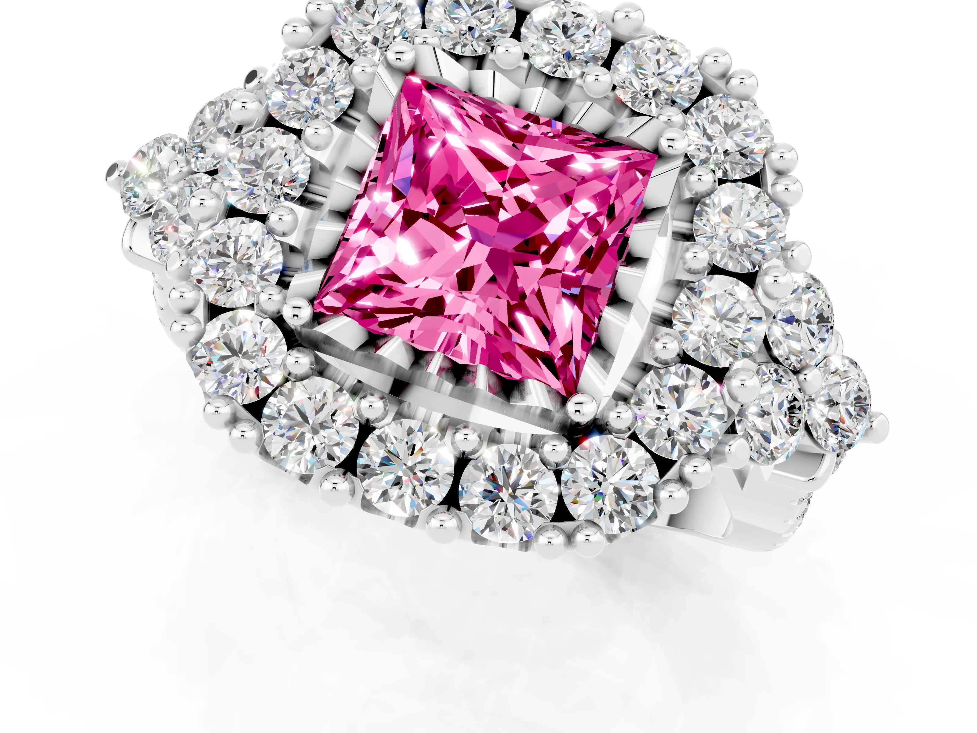White gold Princess Cut Pink Sapphire Halo Ring with Pavé Band and Four-Prong Setting_13