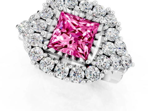 White gold Princess Cut Pink Sapphire Halo Ring with Pavé Band and Four-Prong Setting_13