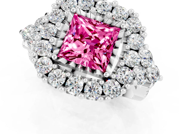 Silver Princess Cut Pink Sapphire Halo Ring with Pavé Band and Four-Prong Setting