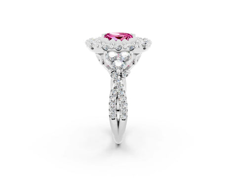 White gold Princess Cut Pink Sapphire Halo Ring with Pavé Band and Four-Prong Setting_14