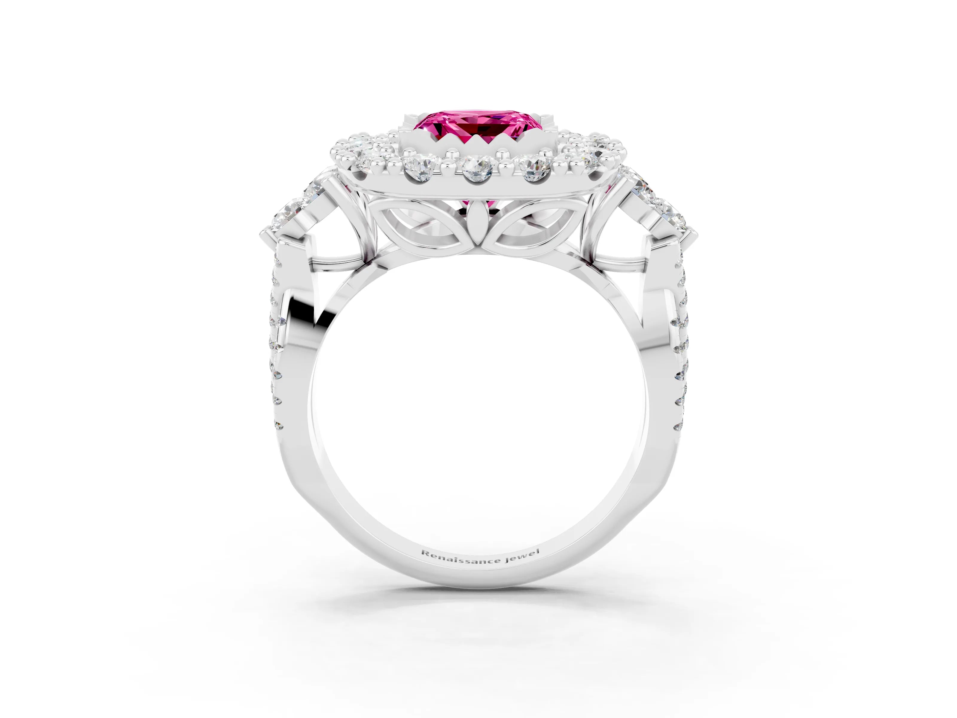 White gold Princess Cut Pink Sapphire Halo Ring with Pavé Band and Four-Prong Setting_15