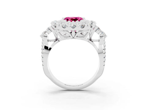 White gold Princess Cut Pink Sapphire Halo Ring with Pavé Band and Four-Prong Setting_15