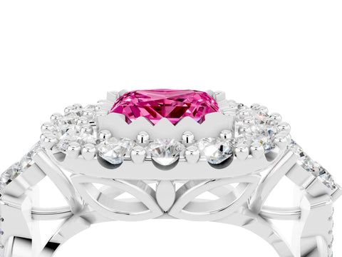 White gold Princess Cut Pink Sapphire Halo Ring with Pavé Band and Four-Prong Setting_16