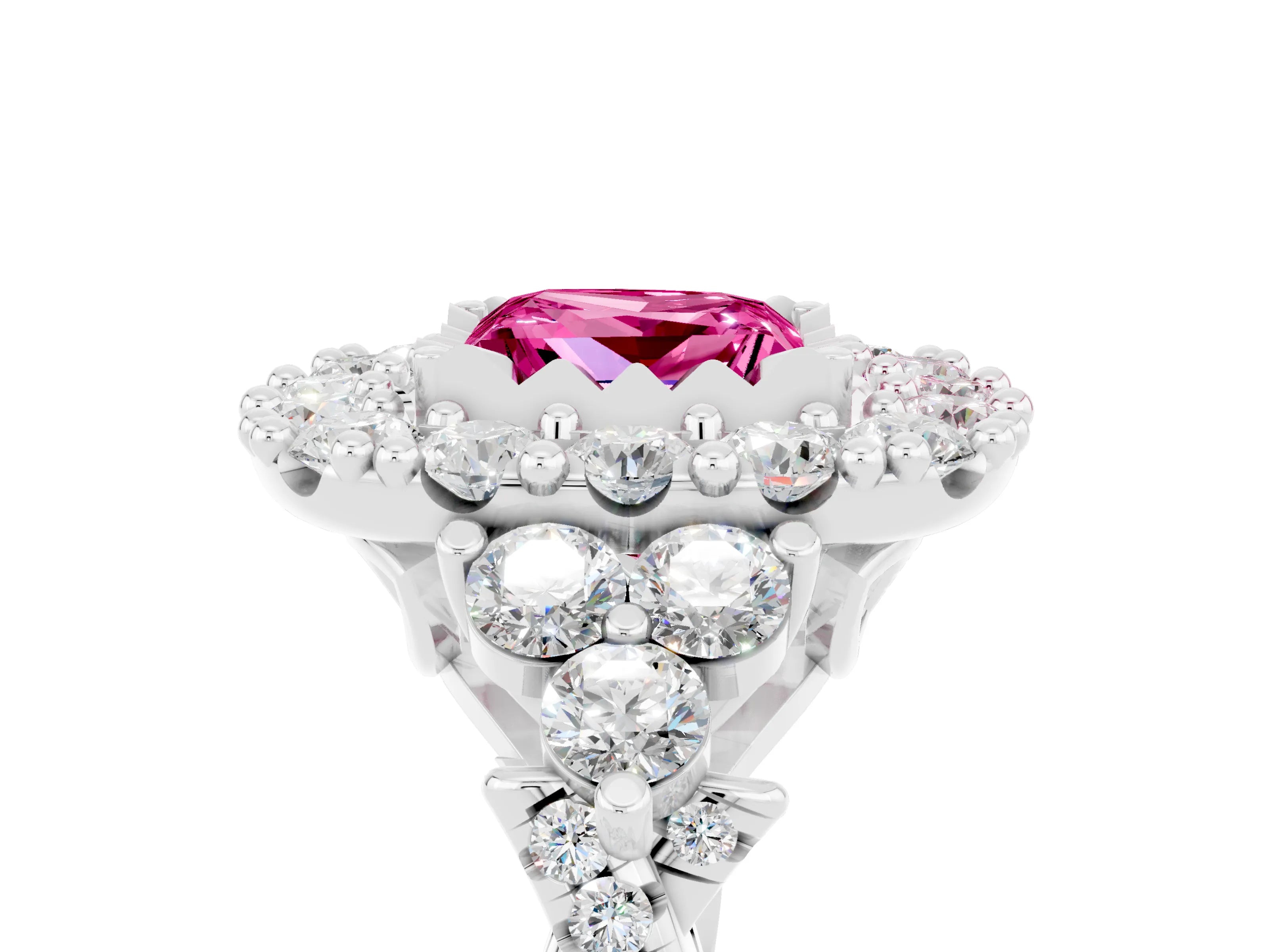 White gold Princess Cut Pink Sapphire Halo Ring with Pavé Band and Four-Prong Setting_17