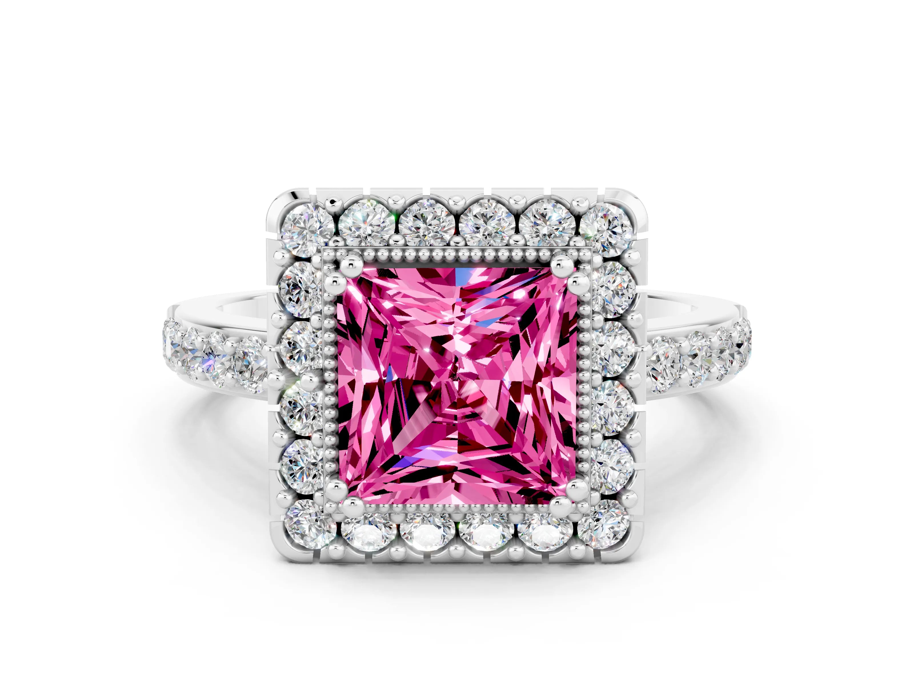 White gold Princess Cut Pink Sapphire Halo Ring with Pavé Band and Prong Setting