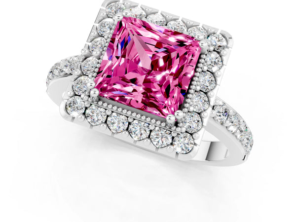 Platinum Princess Cut Pink Sapphire Halo Ring with Pavé Band and Prong Setting