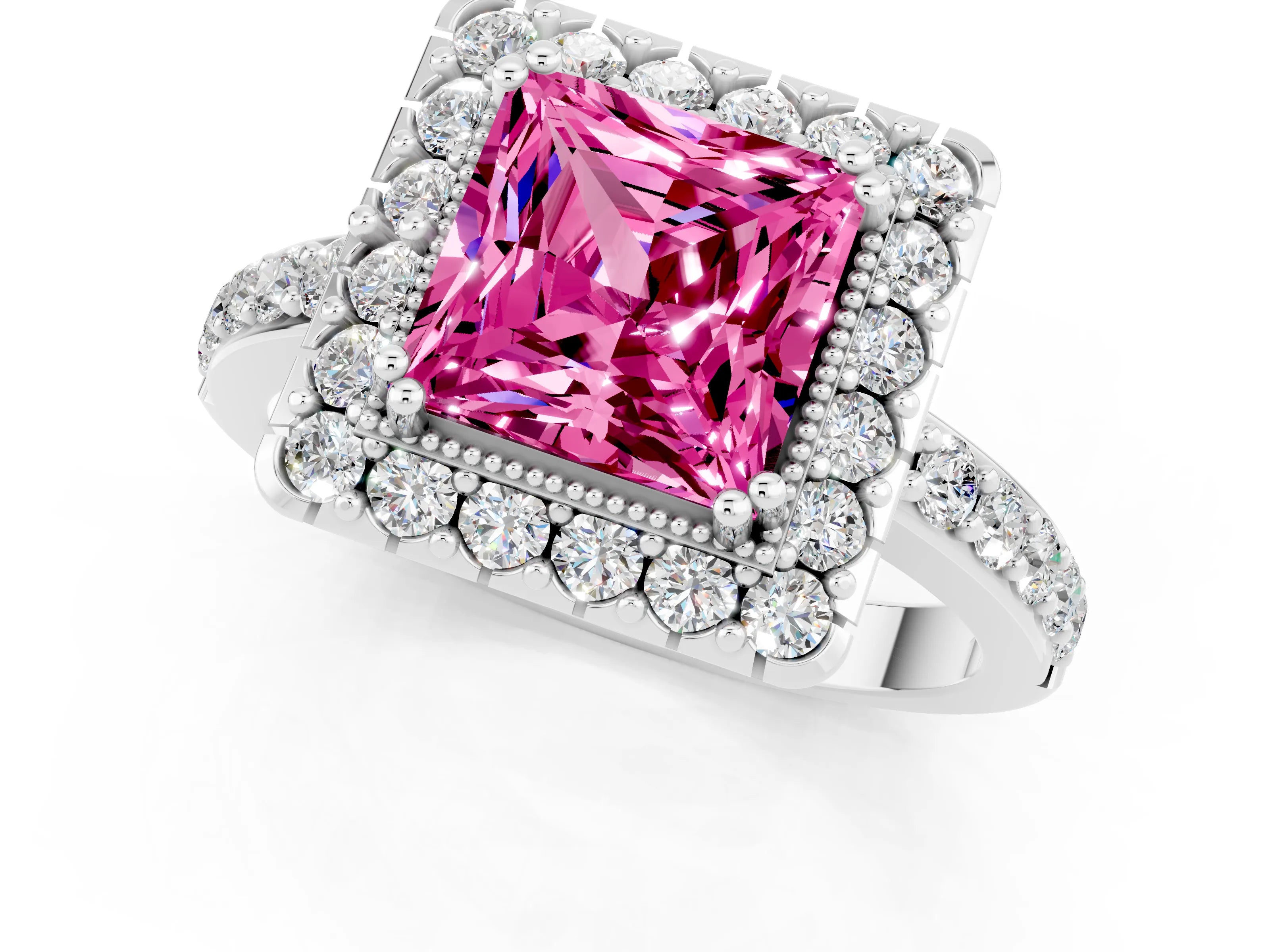 White gold Princess Cut Pink Sapphire Halo Ring with Pavé Band and Prong Setting_1