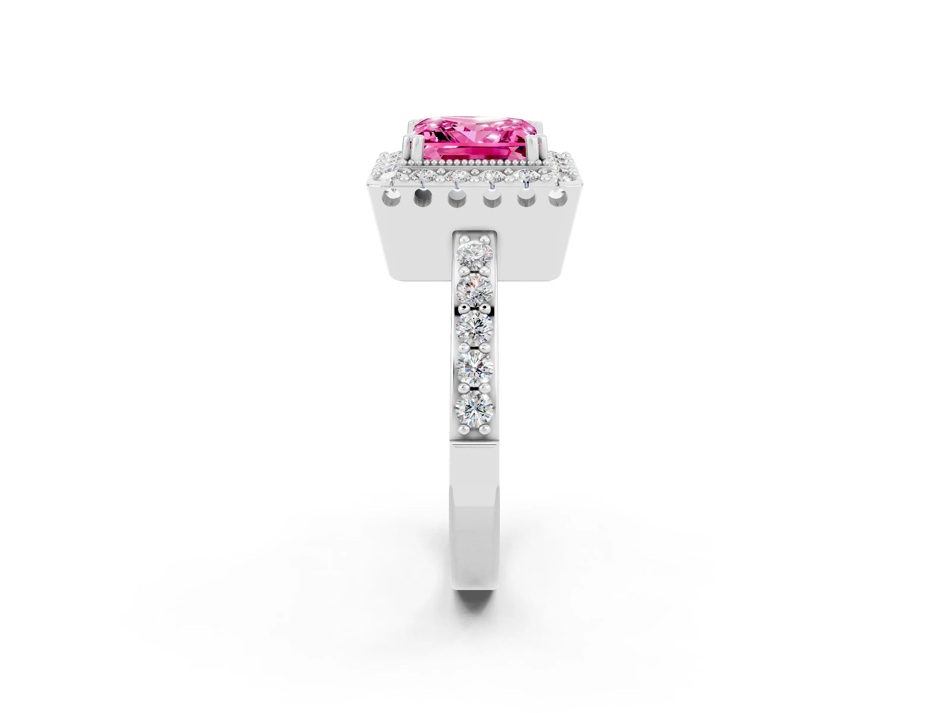 White gold Princess Cut Pink Sapphire Halo Ring with Pavé Band and Prong Setting_2