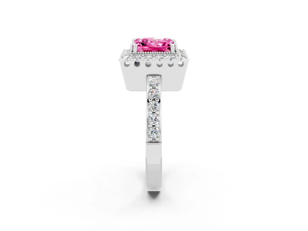 Platinum Princess Cut Pink Sapphire Halo Ring with Pavé Band and Prong Setting