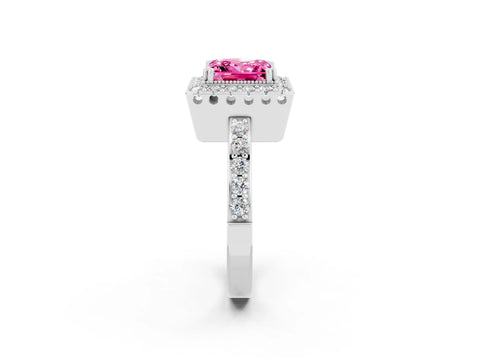 White gold Princess Cut Pink Sapphire Halo Ring with Pavé Band and Prong Setting_2