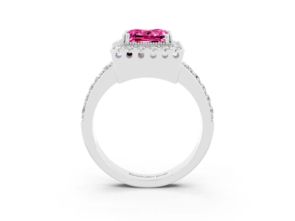 Platinum Princess Cut Pink Sapphire Halo Ring with Pavé Band and Prong Setting