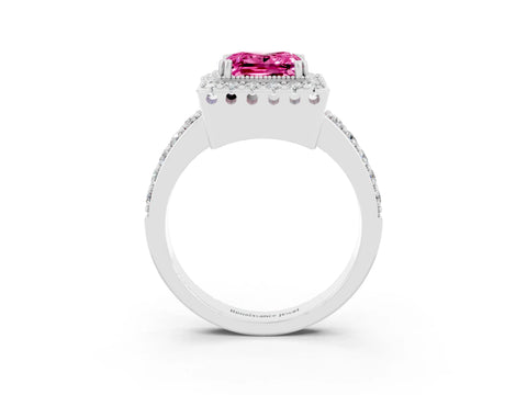 White gold Princess Cut Pink Sapphire Halo Ring with Pavé Band and Prong Setting_3