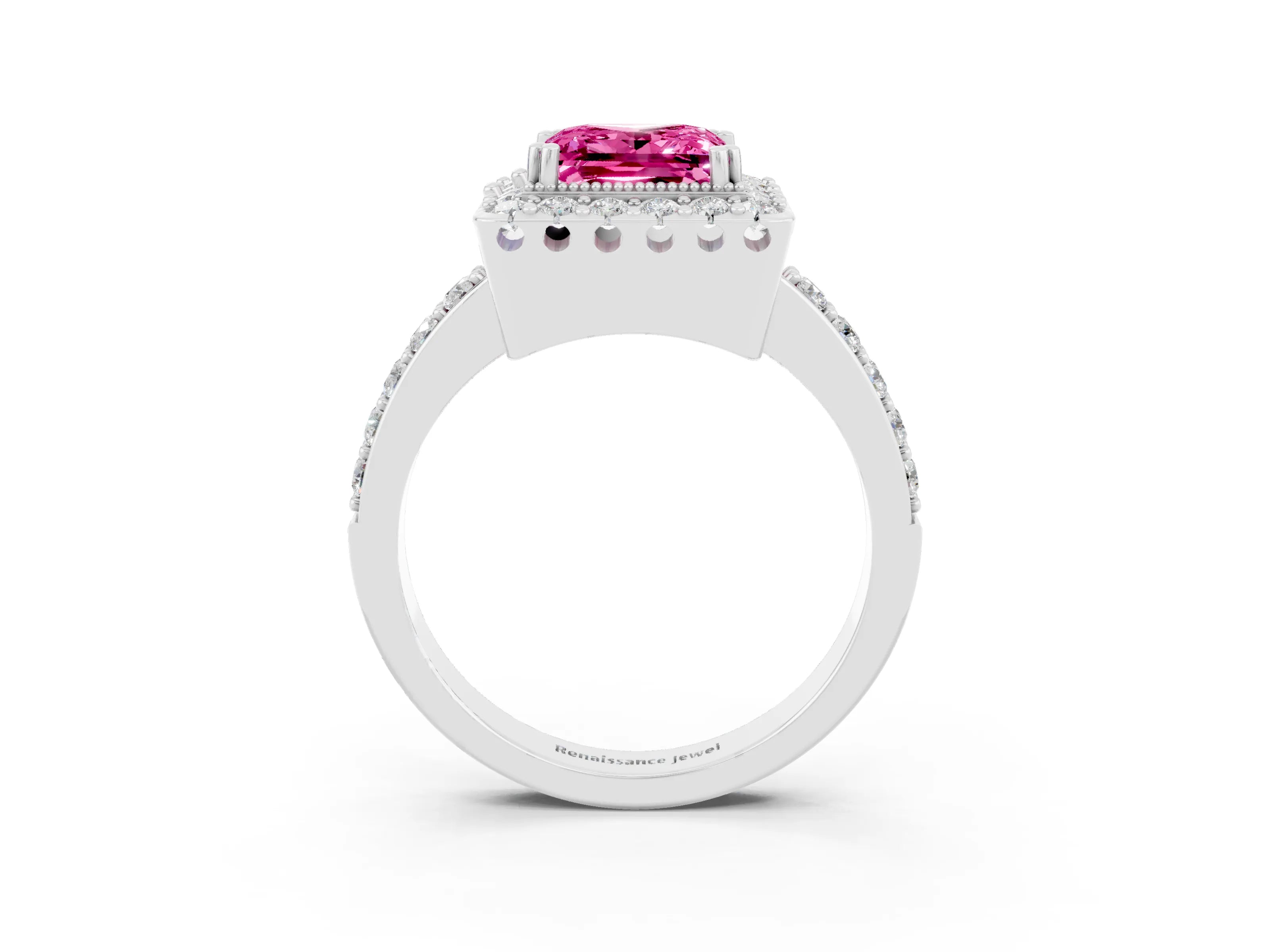White gold Princess Cut Pink Sapphire Halo Ring with Pavé Band and Prong Setting_3