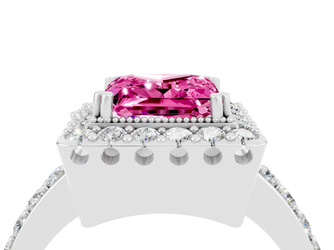 White gold Princess Cut Pink Sapphire Halo Ring with Pavé Band and Prong Setting_4