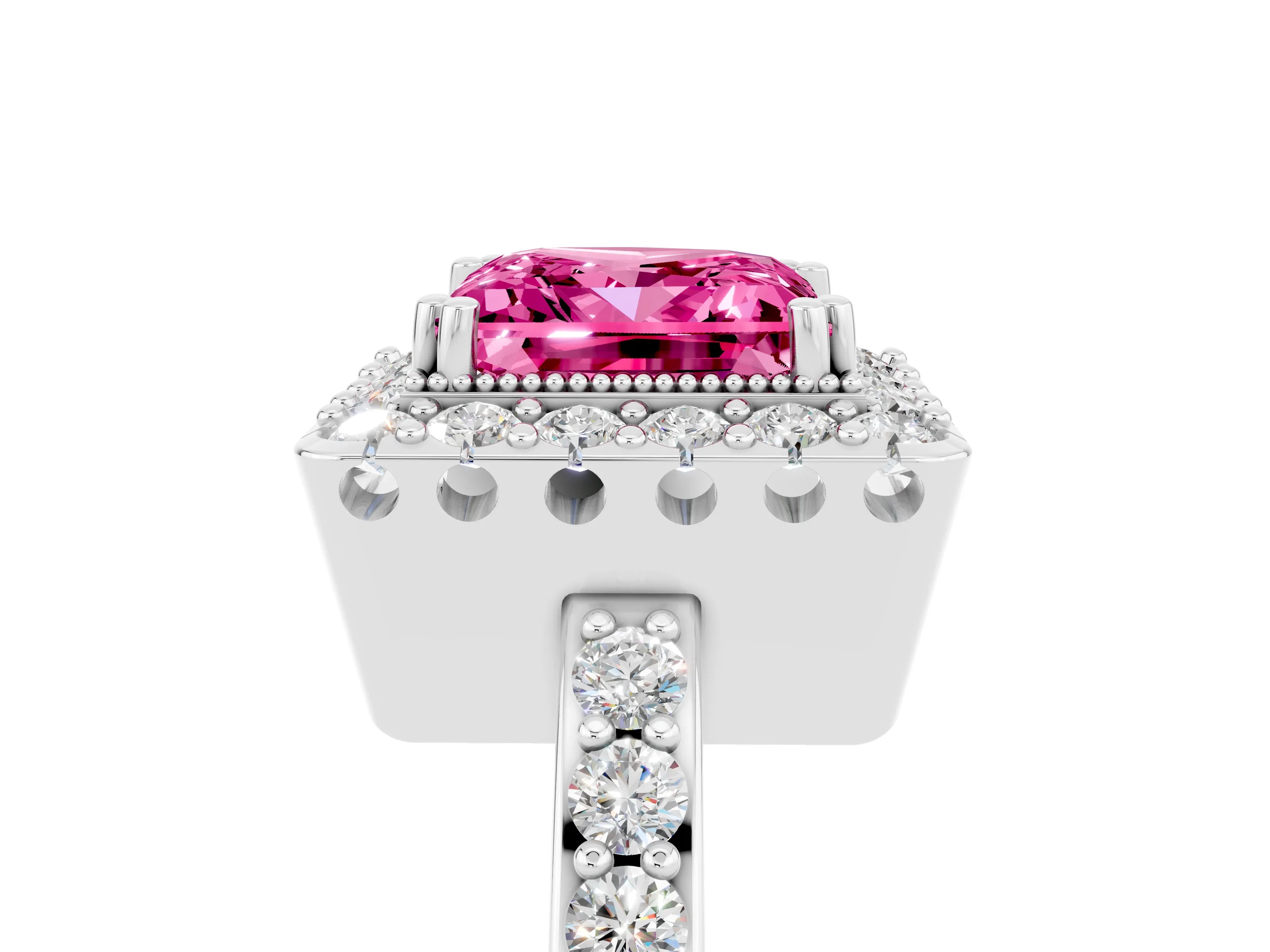 White gold Princess Cut Pink Sapphire Halo Ring with Pavé Band and Prong Setting_5
