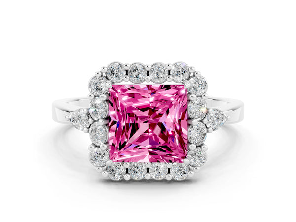 Silver Princess Cut Pink Sapphire Halo Ring with Pear Side Stones and Prong Setting