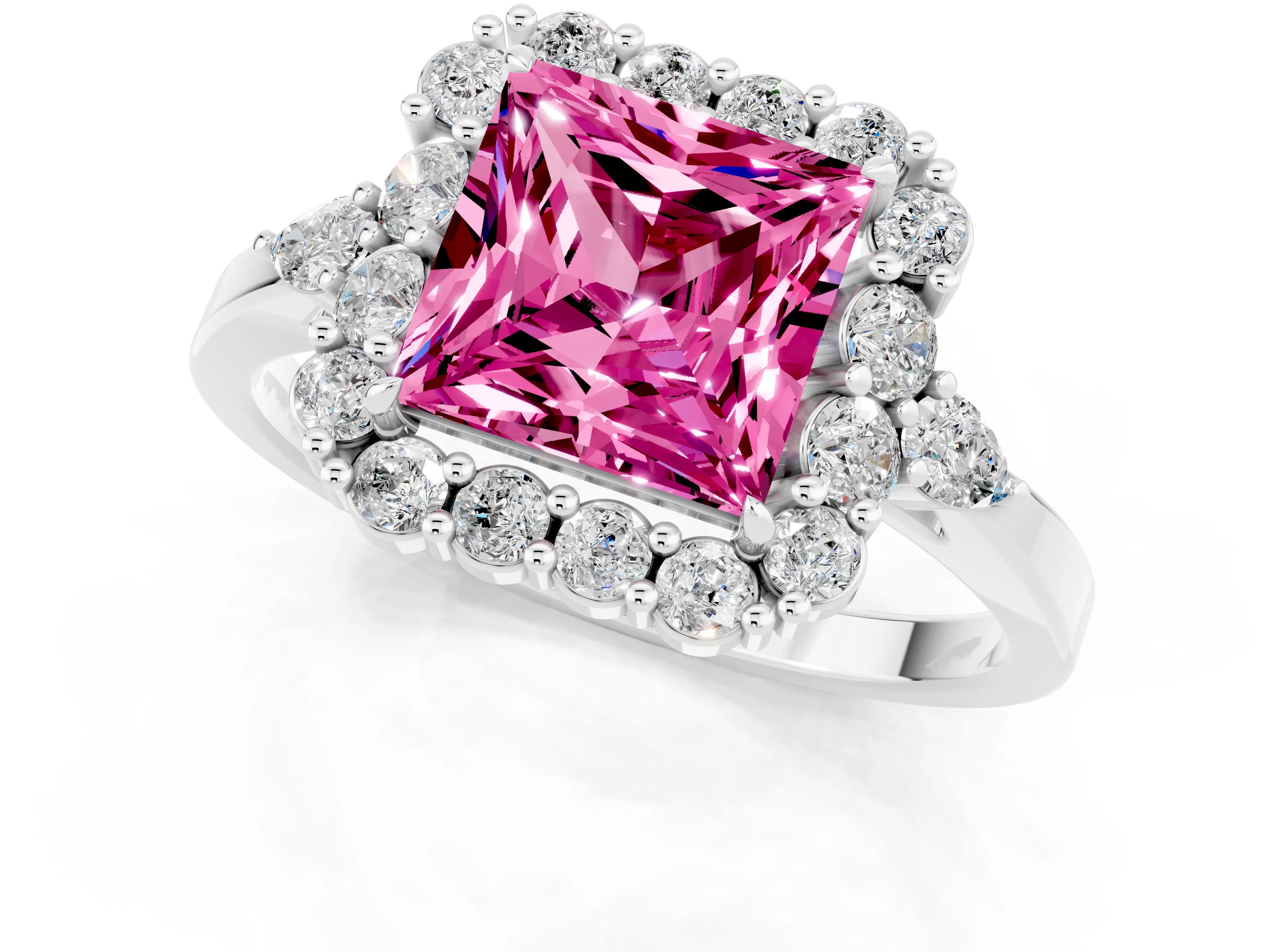White gold Princess Cut Pink Sapphire Halo Ring with Pear Side Stones and Prong Setting_25