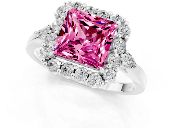 Silver Princess Cut Pink Sapphire Halo Ring with Pear Side Stones and Prong Setting
