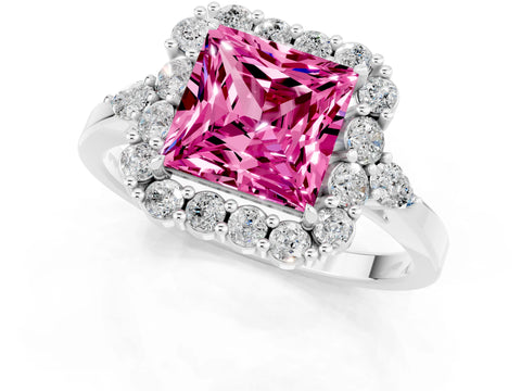 White gold Princess Cut Pink Sapphire Halo Ring with Pear Side Stones and Prong Setting_25