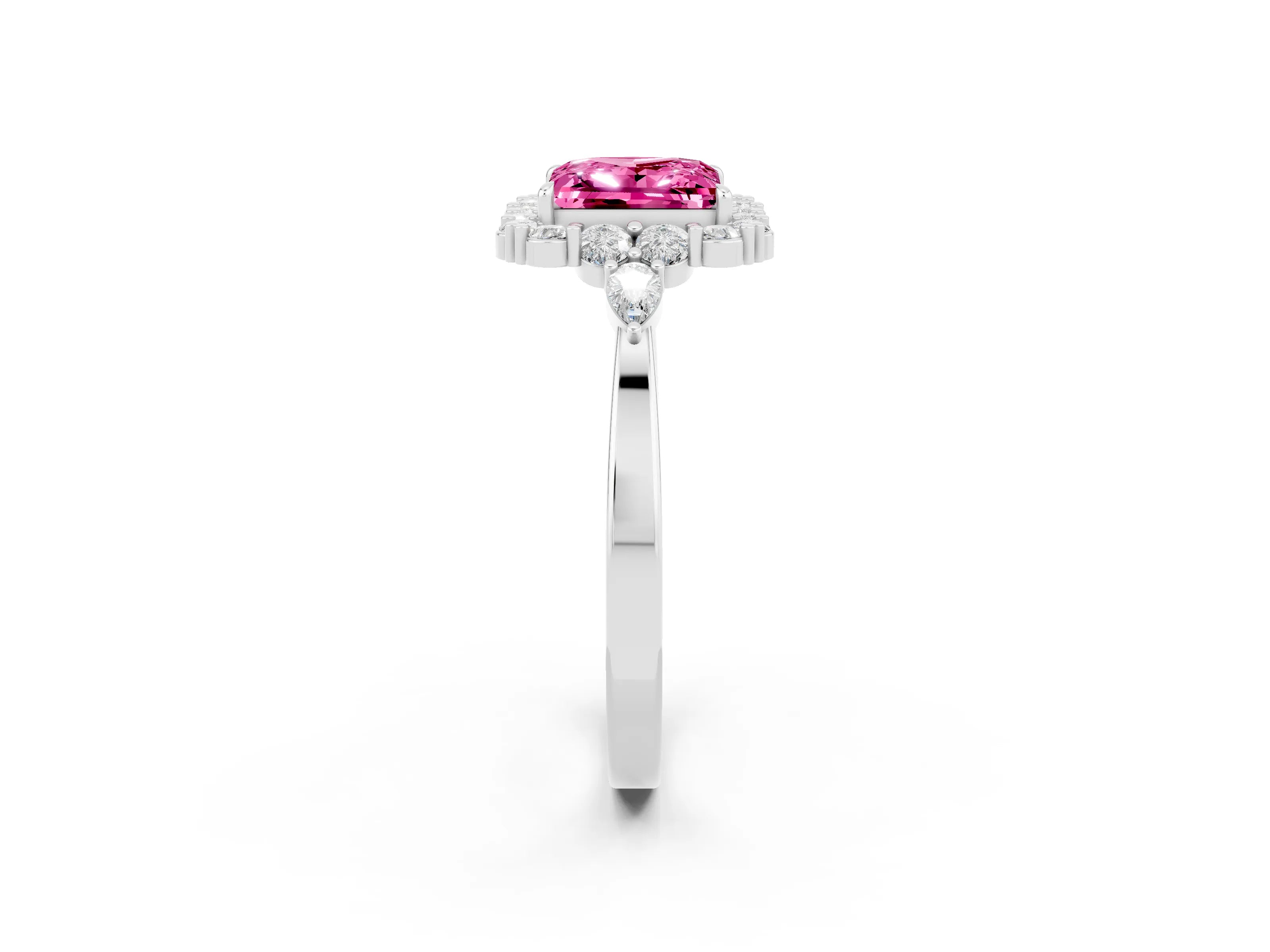 White gold Princess Cut Pink Sapphire Halo Ring with Pear Side Stones and Prong Setting_26