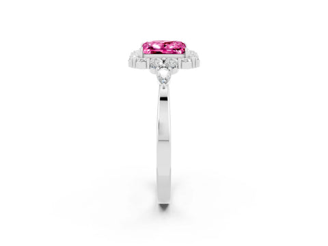 White gold Princess Cut Pink Sapphire Halo Ring with Pear Side Stones and Prong Setting_26